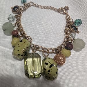 Gold-Tone Charm Bracelet with Speckled Green Beads